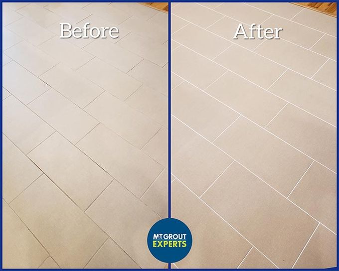 Split image of tiled floor before and after cleaning, with lighter grout lines on the right.