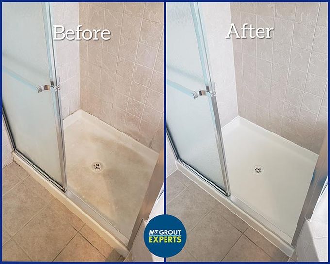 Before-and-after shower pan restoration: stained beige shower left, clean white shower right.