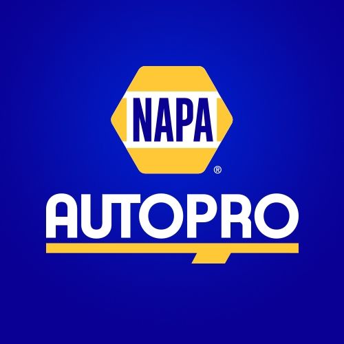 NAPA logo: blue letters on a yellow hexagonal background with white border