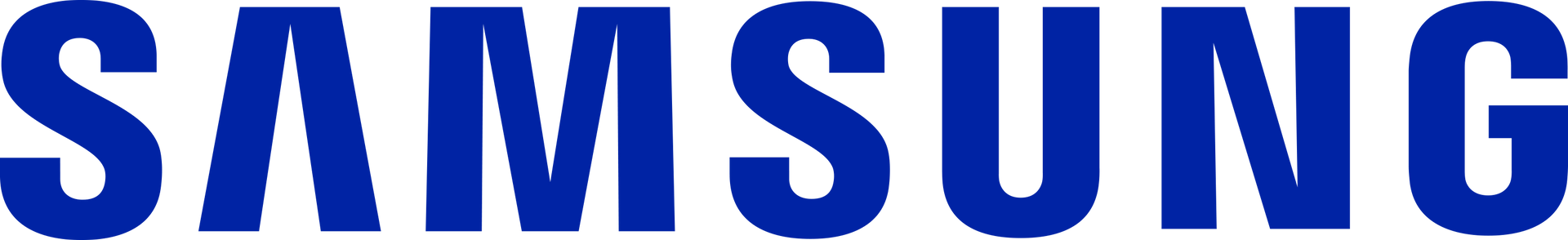 Logo Samsung en bleu foncé sur fond blanc.