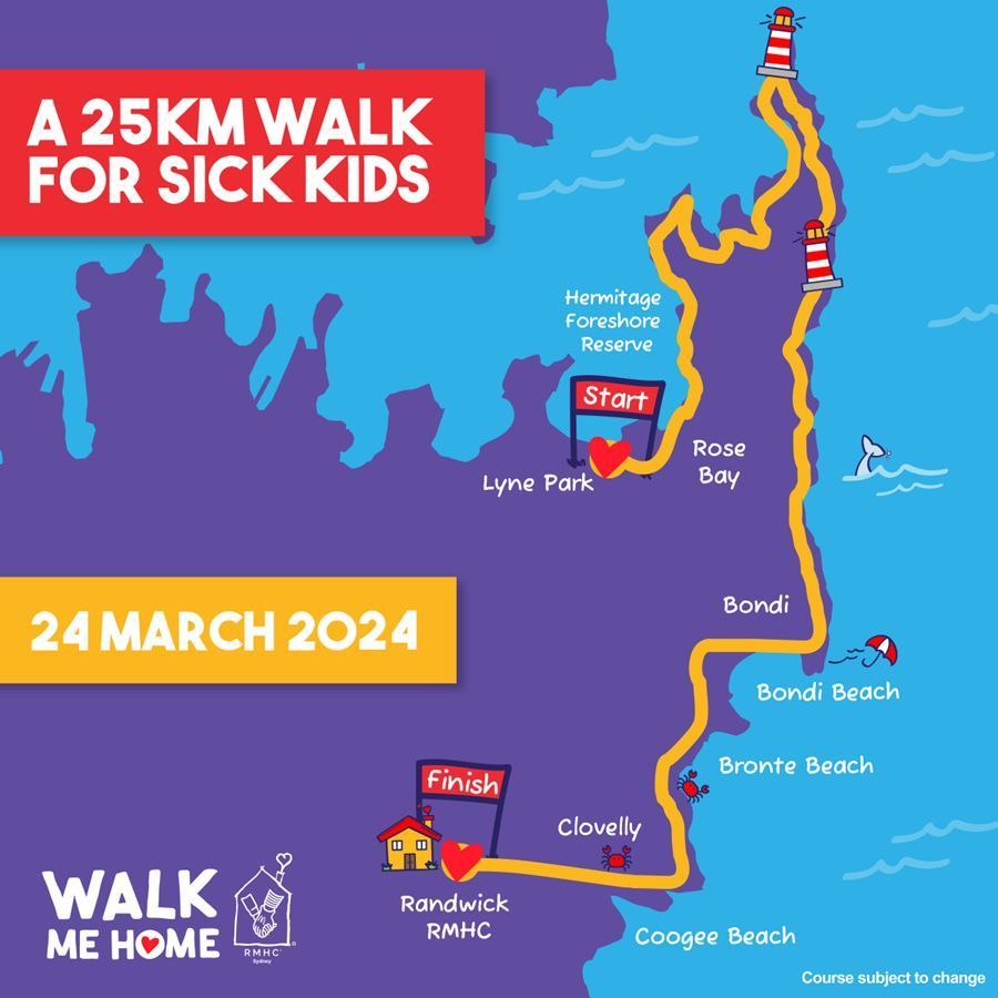 Map showing the 25km Walk for Sick Kids route from Lyne Park to Randwick RMHC, taking place on 24 March 2024.