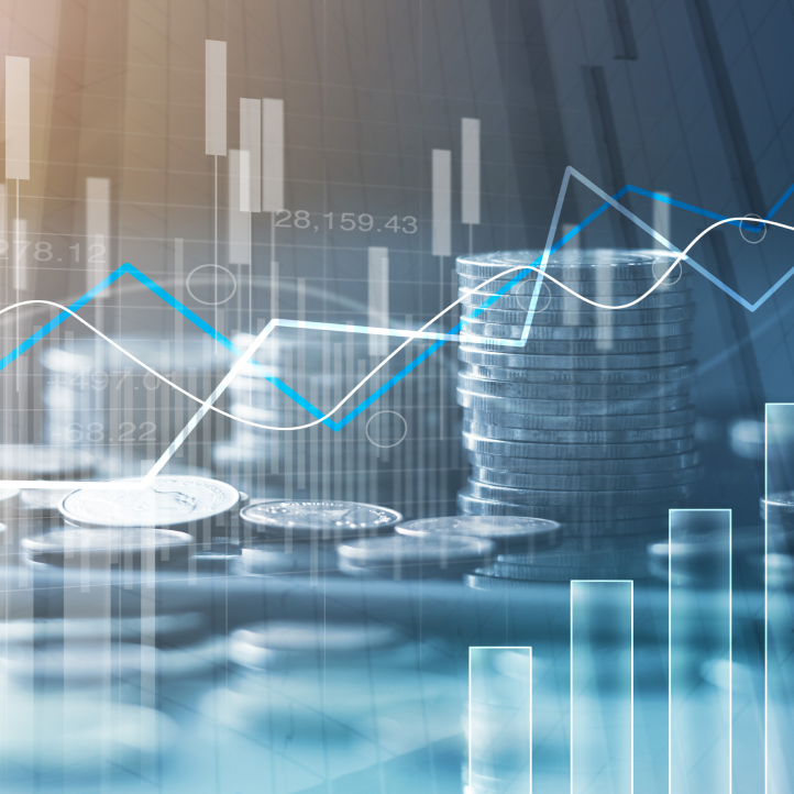 Financial chart overlaid on a stack of coins and data bars, representing market analysis and growth in shades of blue.