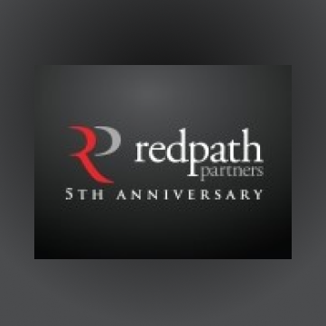 Redpath Partners 5th Anniversary logo featuring a stylized red and grey 'RP' emblem on a dark gradient background.