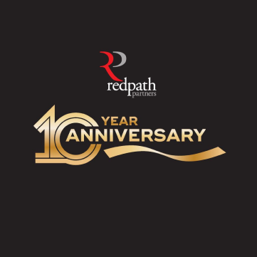 The Redpath Partners 10-year anniversary logo in gold and white on a black background.