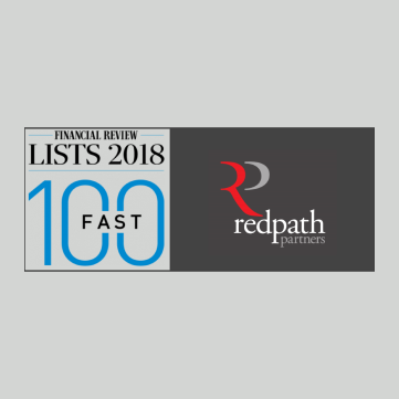 Financial Review Fast 100 award badge for 2018 featuring the Redpath Partners logo in red, grey, and blue.