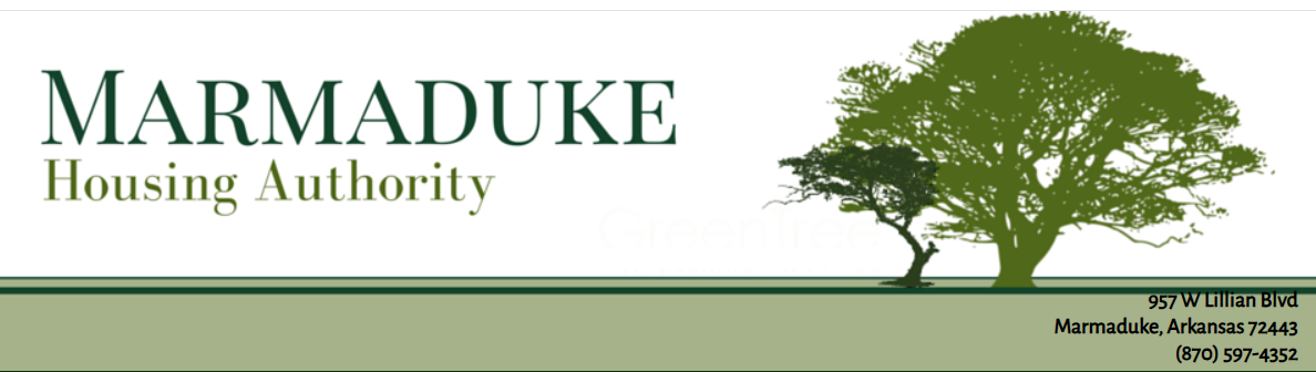 Marmaduke Housing Authority logo with green trees on a beige background