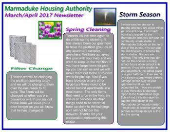 Marmaduke Housing Authority newsletter with spring cleaning, fence change, and storm season notices