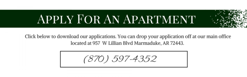 Green banner reading “APPLY FOR AN APARTMENT” with phone number (870) 597-4352.
