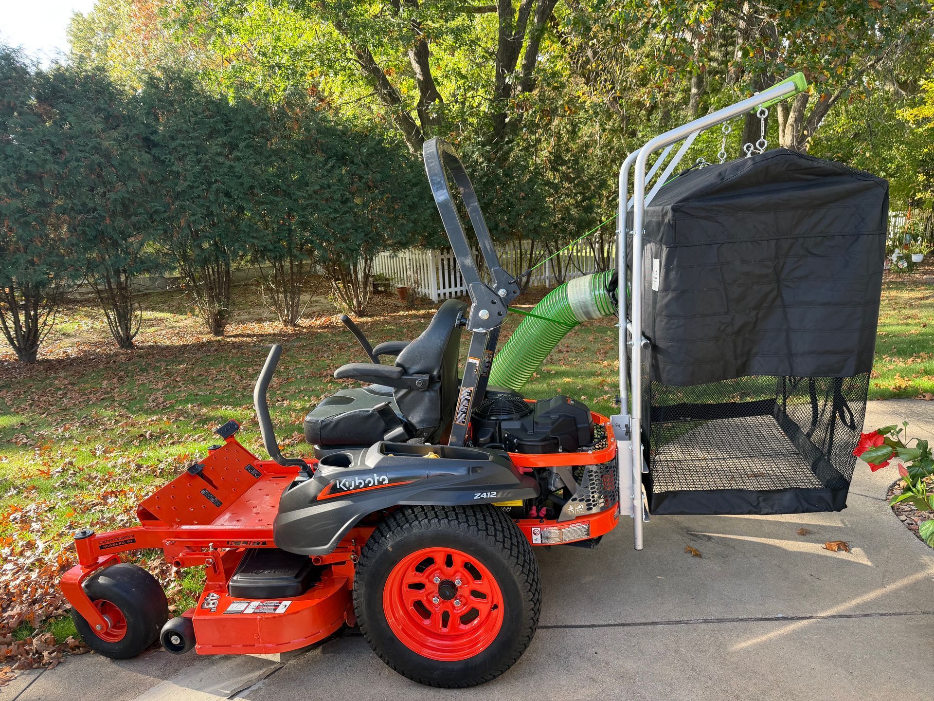 LeafCat bagging system mounted on a Kubota zero-turn mower, side view