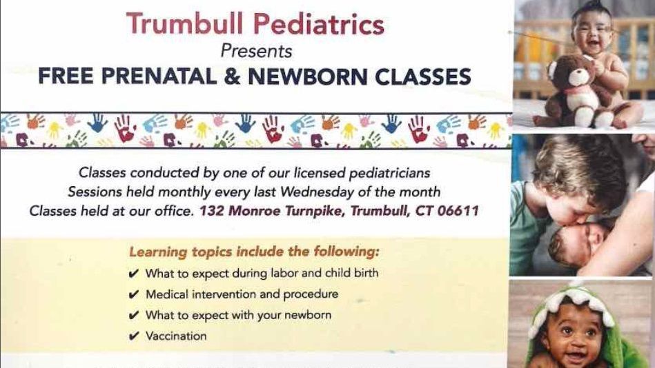 Trumbull Pediatrics announcement for newborn class. 