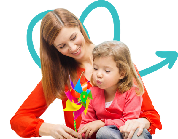 Woman and child blowing on a pinwheel, smiling. Teal heart graphic.