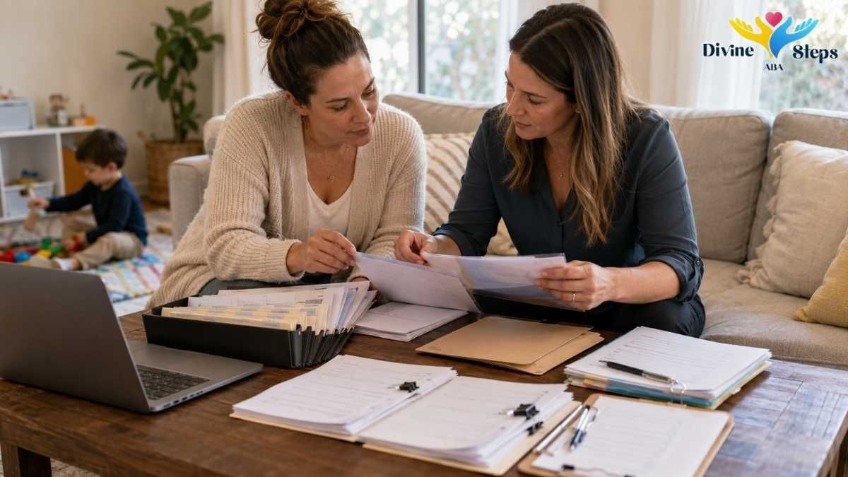 Two women reviewing paperwork together at a coffee table with child nearby
