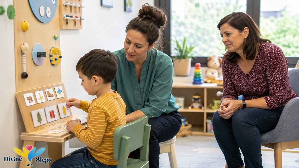 clinician-observing-child-with-picture-cards-parent-watching