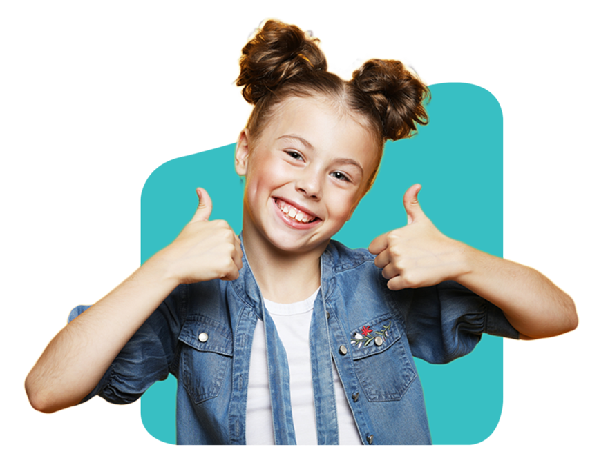 Girl with two buns giving a double thumbs up, smiling happily against a teal backdrop.