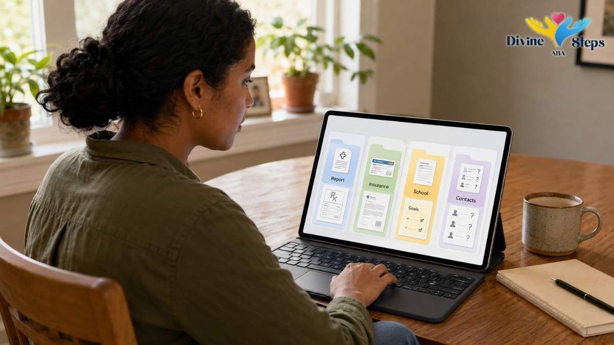 mother-organizing-child-autism-records-digitally-on-tablet