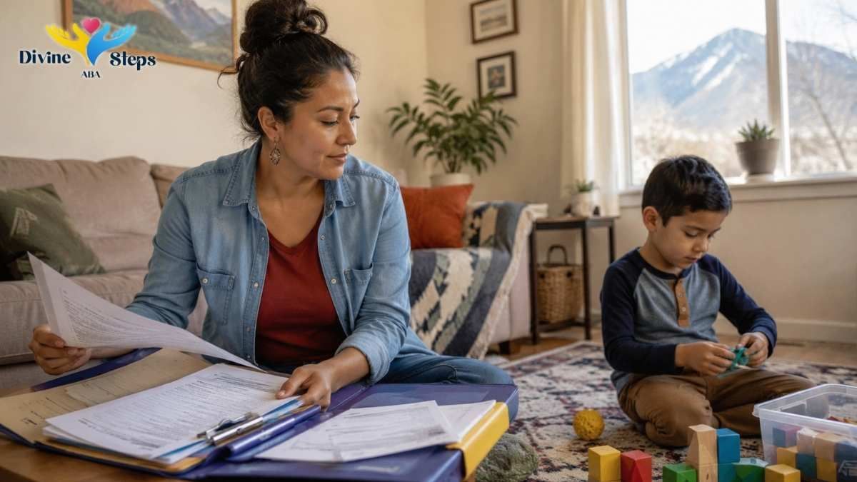 mother-reviewing-therapy-paperwork-while-child-plays-nearby