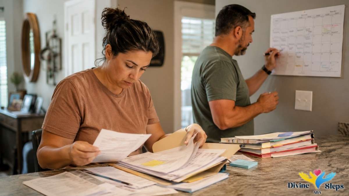 mother-sorting-documents-father-writing-on-wall-calendar