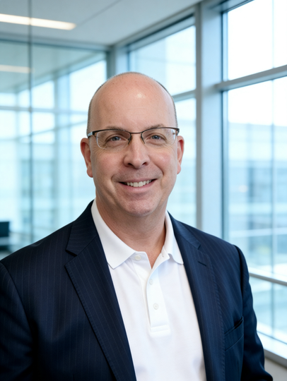 Professional headshot of a smiling man in glasses and a dark suit in a bright office setting