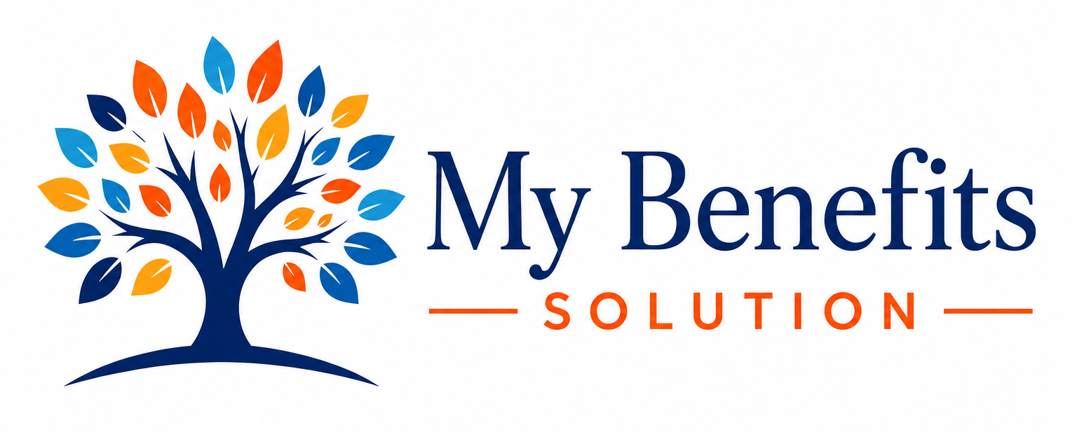 My Benefits Solution logo with stylized tree icon in blue, orange, and yellow