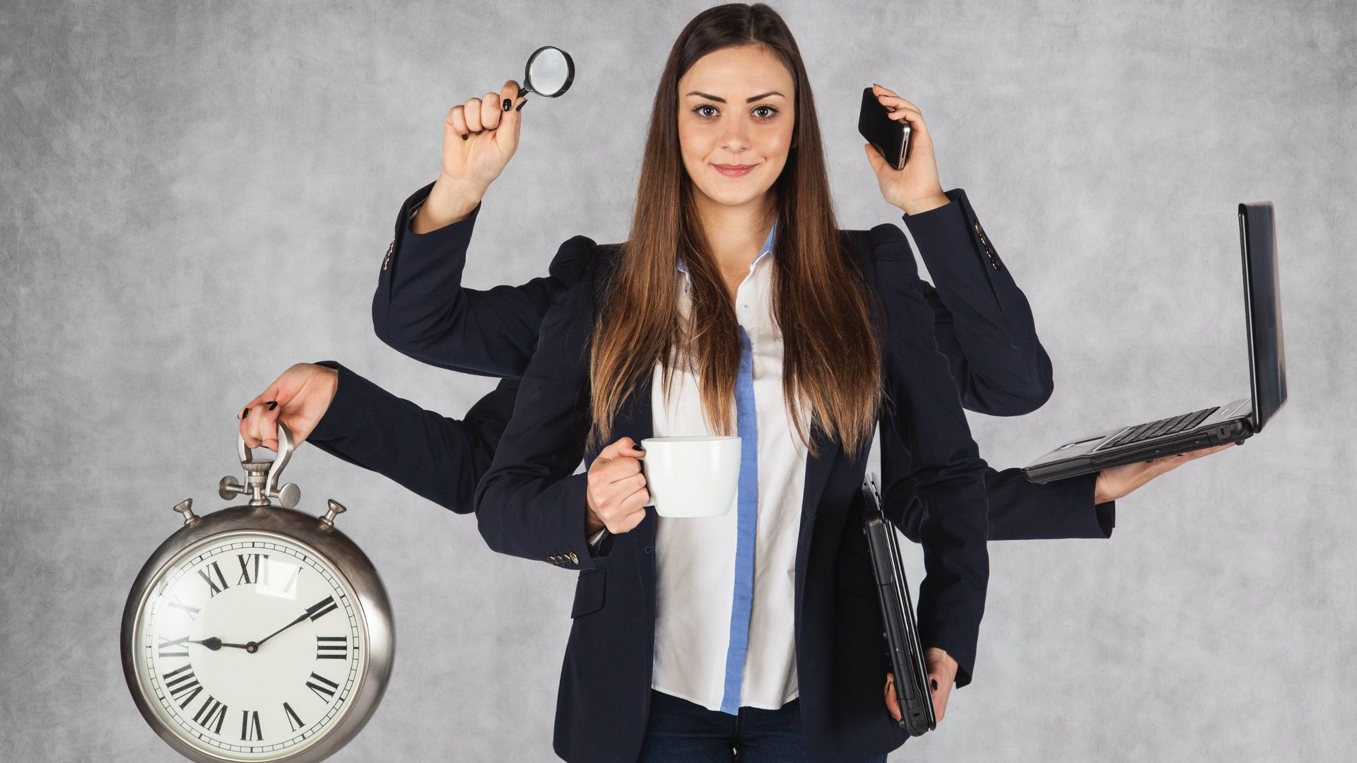 A woman with many hands is holding a clock , a cup of coffee , a cell phone , and a laptop.
