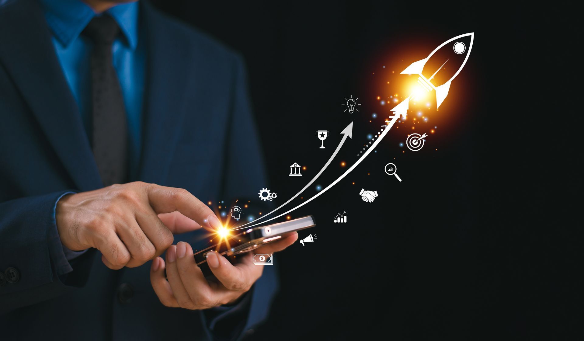 A man in a suit is holding a cell phone with a rocket coming out of it.