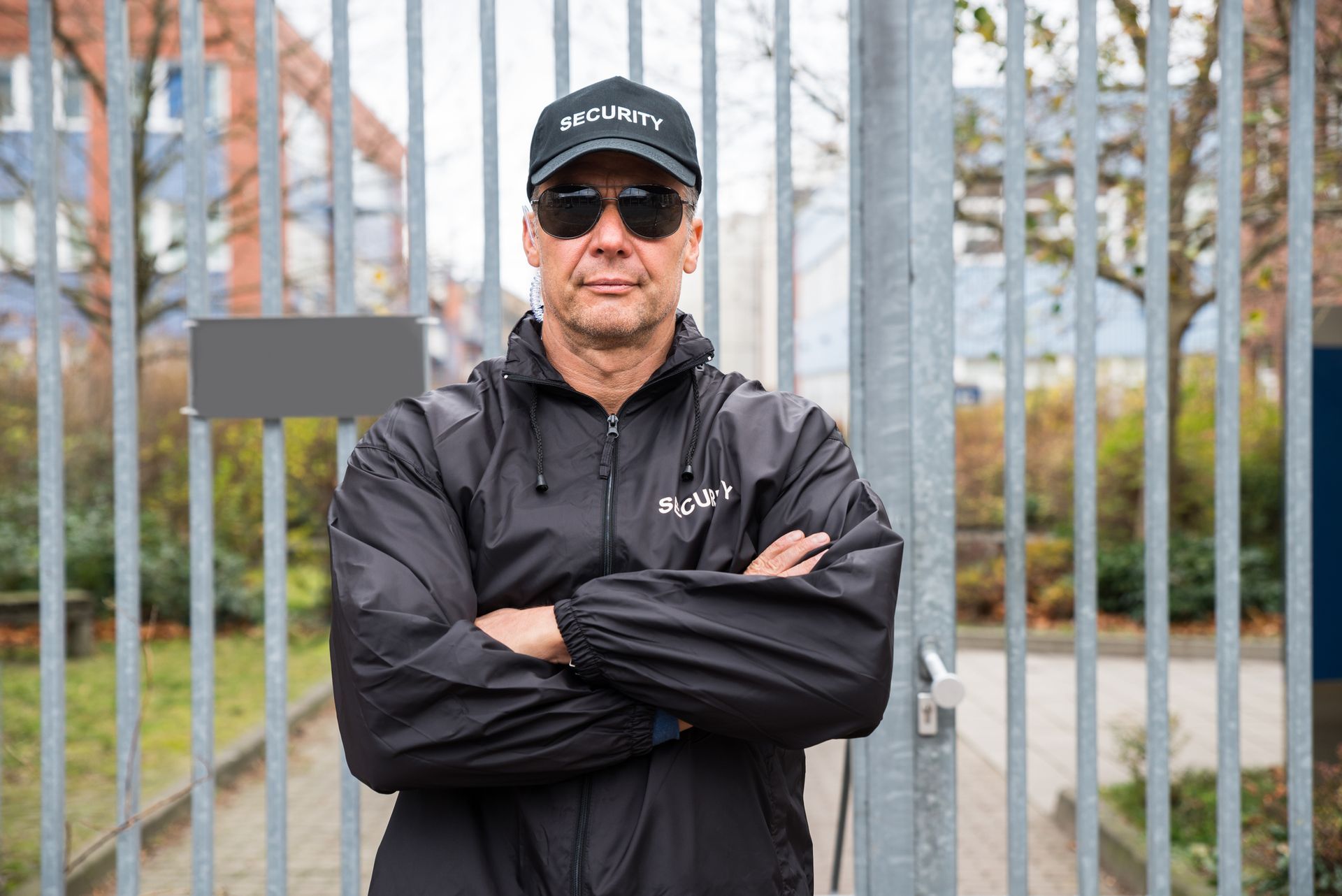 A man wearing sunglasses and a hat is standing in front of a fence with his arms crossed.