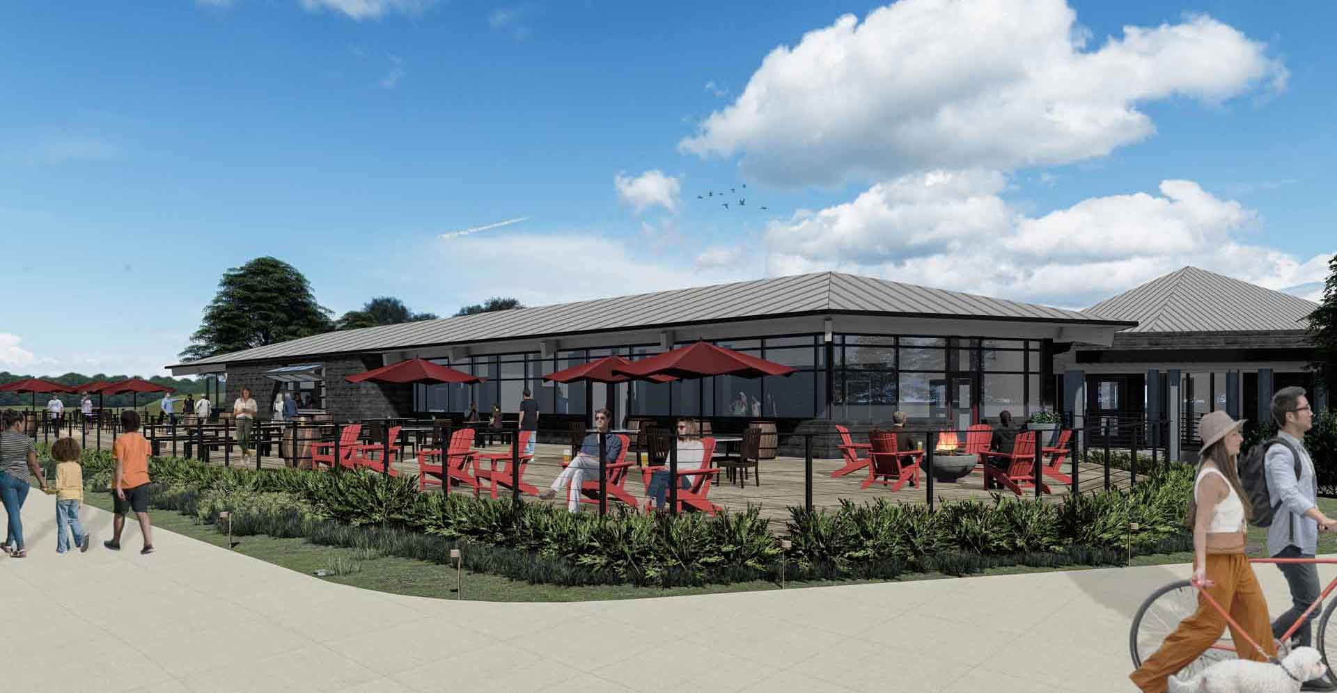 An artist 's impression of a restaurant with tables and chairs outside.