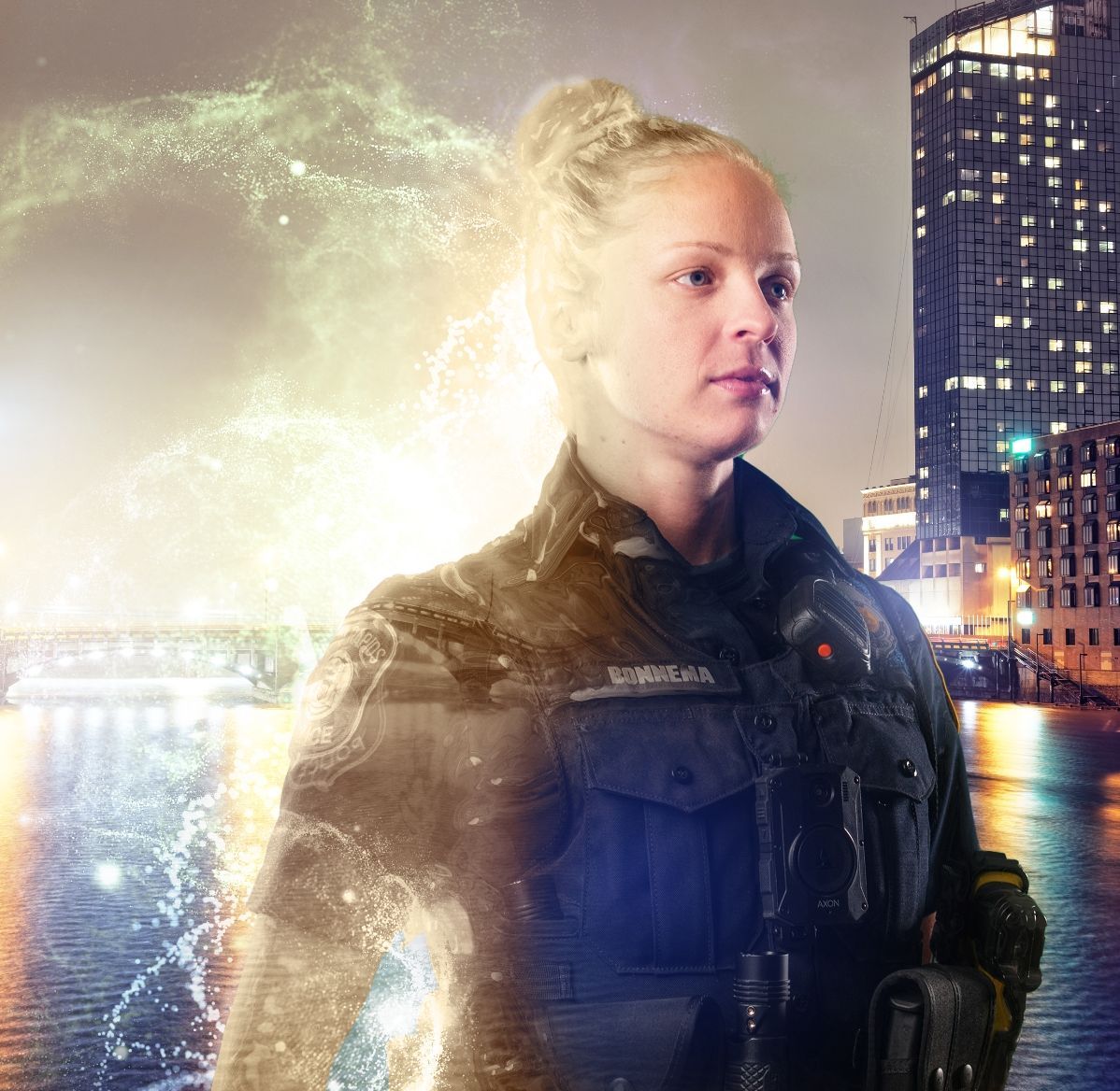 A woman in a police uniform with energy effects in front of a city skyline at night.
