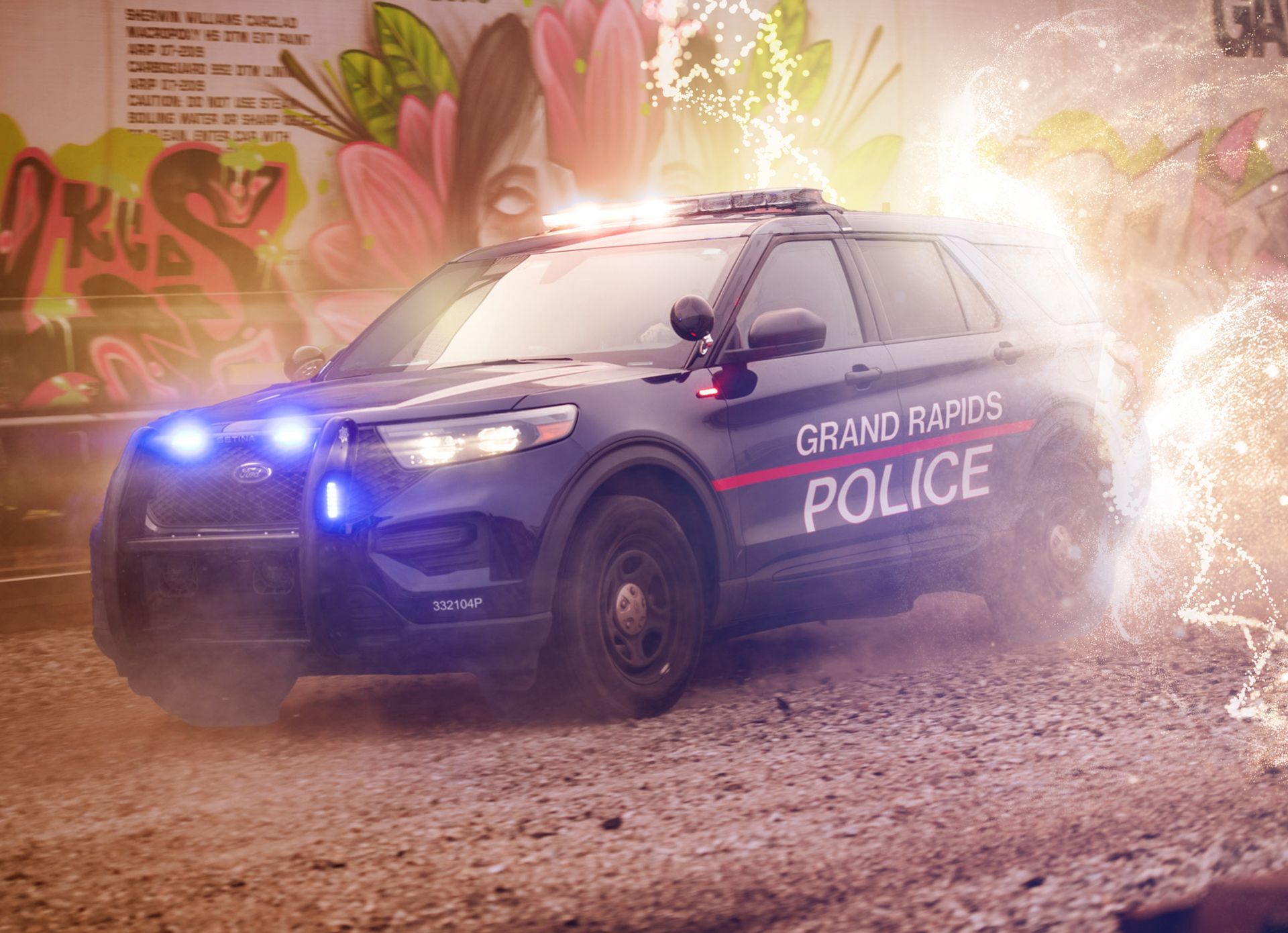 Police SUV with flashing lights, partially engulfed in electric energy, in front of graffiti.