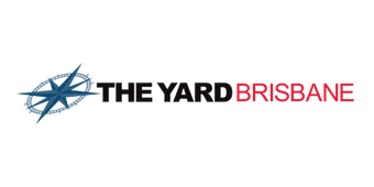 Logo for The Yard Brisbane, with a blue compass rose and text in black and red.