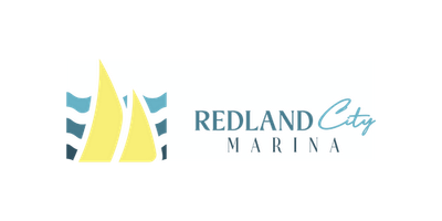 Logo for Redland City Marina: Yellow sail and blue waves, with text