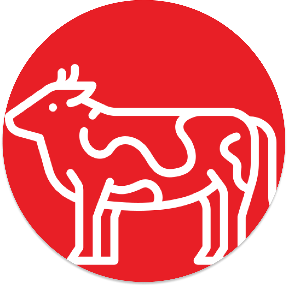 Silhouette d'une vache blanche tachetée sur fond circulaire rouge.