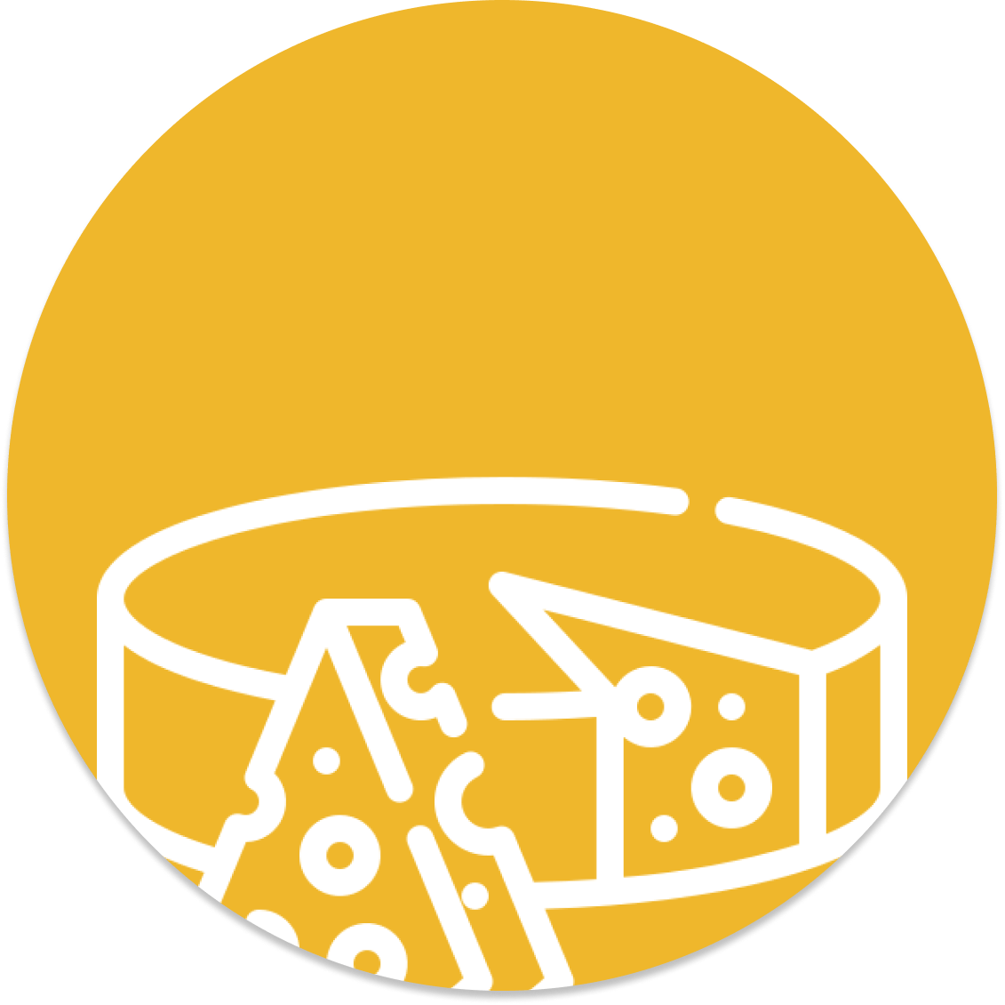 Icône ronde jaune avec un contour blanc représentant une meule de fromage et une tranche.