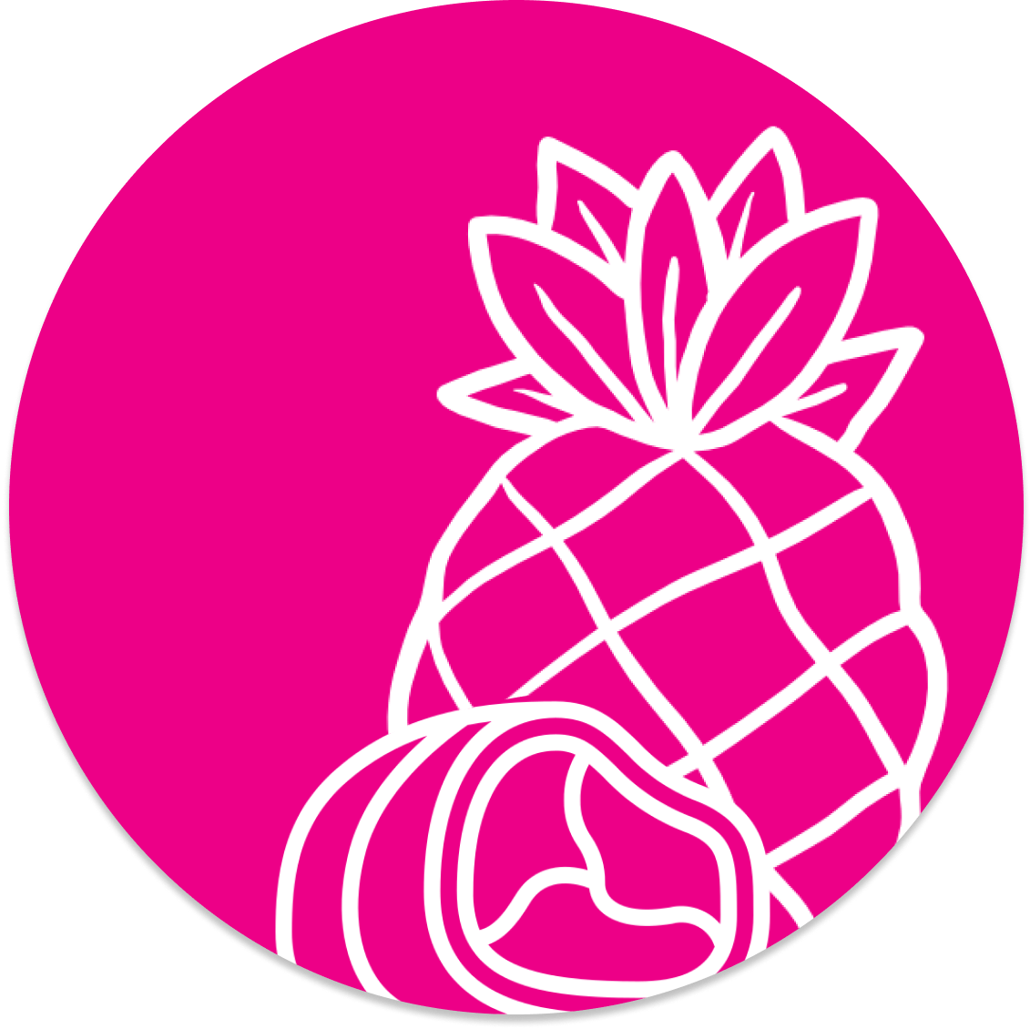 Cercle rose avec un contour blanc représentant un ananas et une tranche de fruit, probablement du melon.
