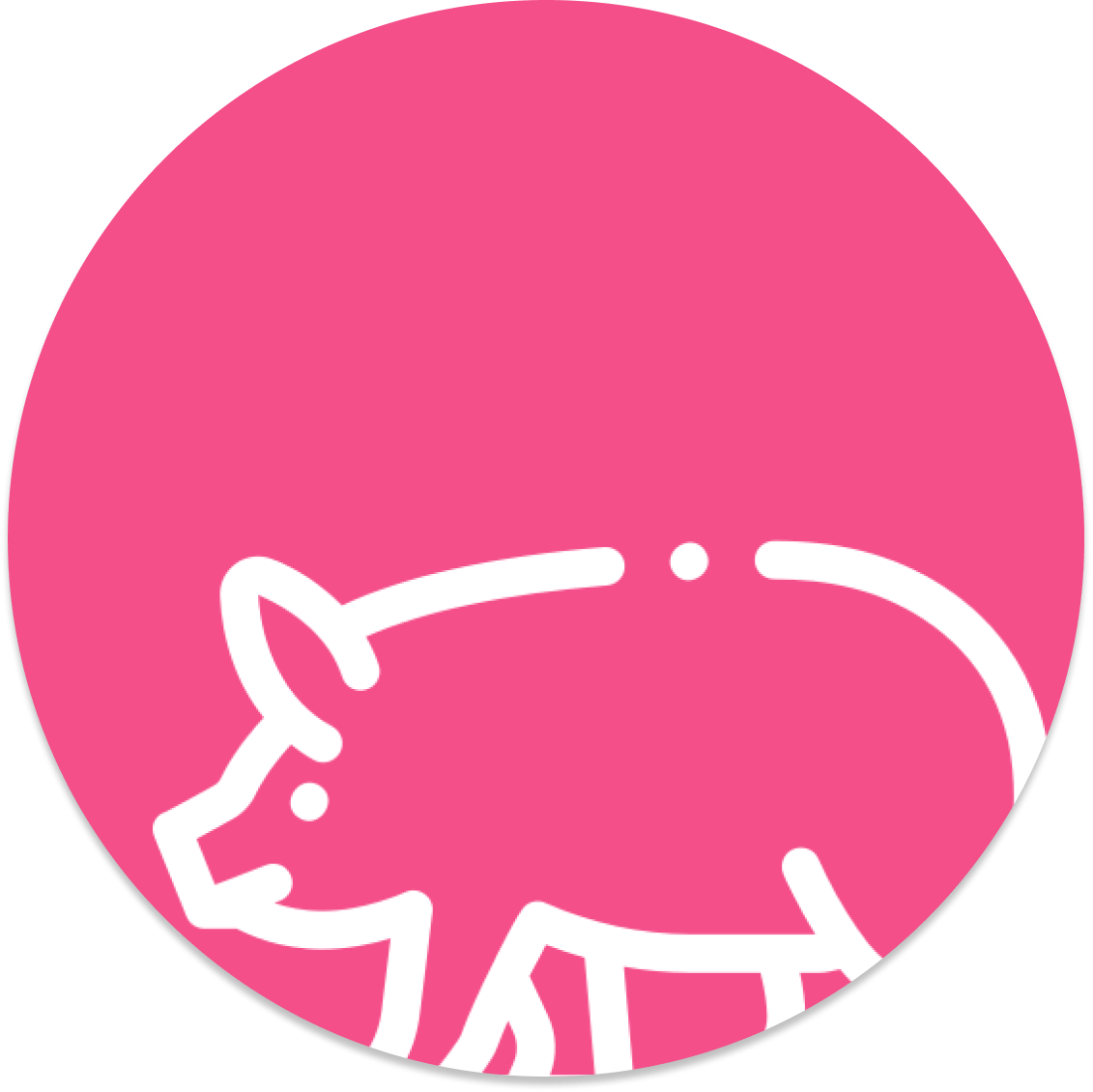 Cercle rose avec un contour blanc représentant un cochon marchant vers la gauche.