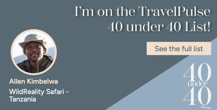 TravelPulse “40 under 40” award graphic with Allen Kimbelwa and a “See the full list” button