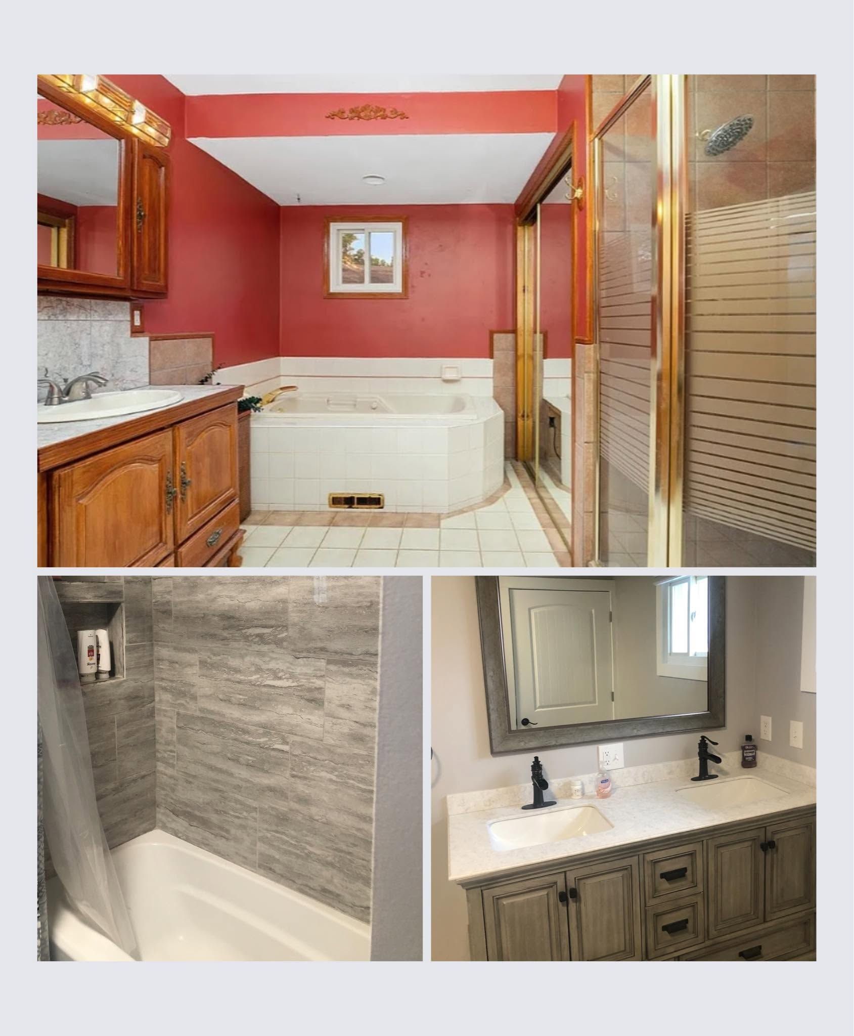 Bathroom with red walls, white bathtub, gray shower, and vanity with mirror.