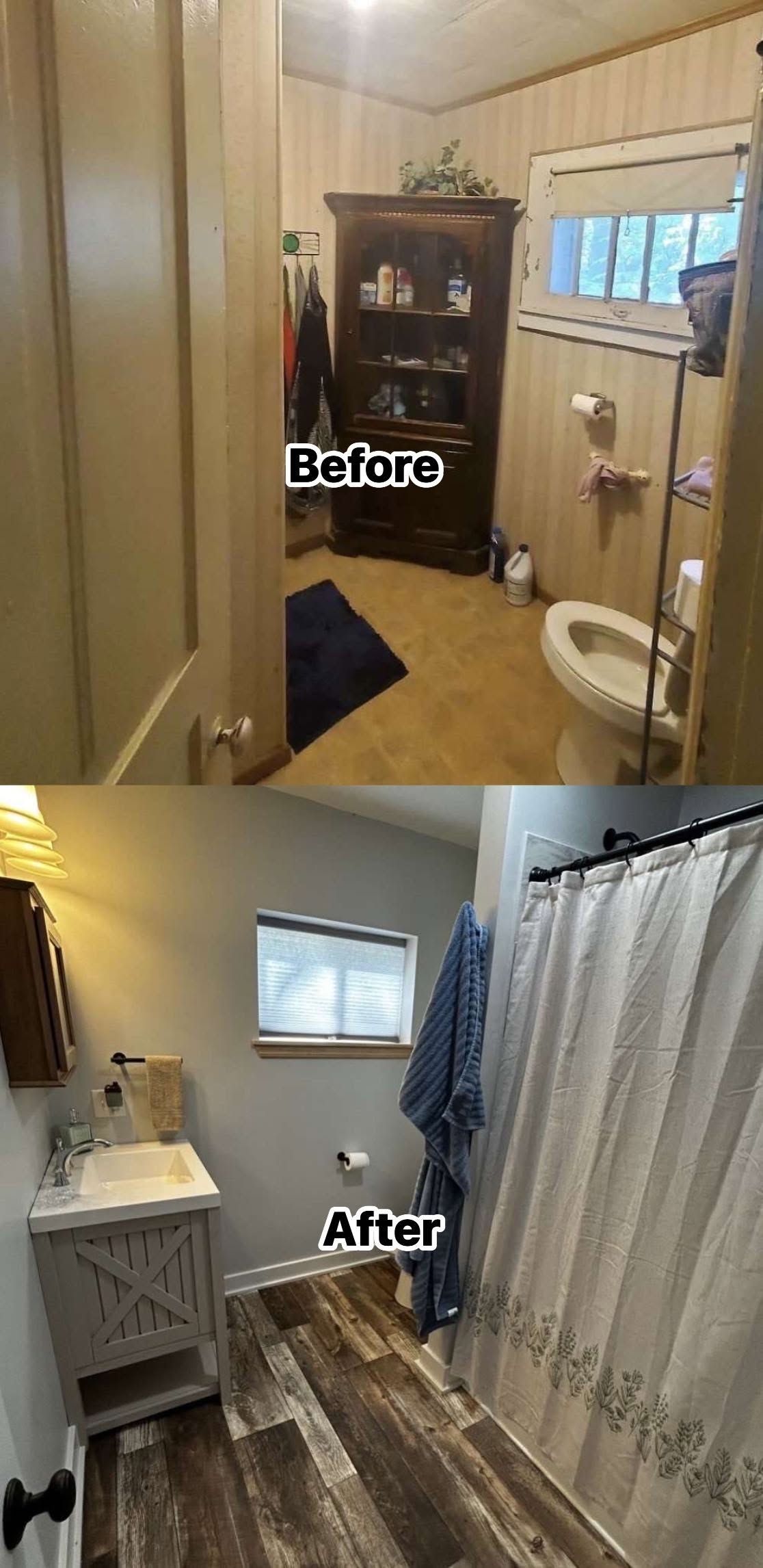 Before-and-after bathroom renovation: old beige bathroom, then brighter updated bathroom with gray floor and tub curtain.
