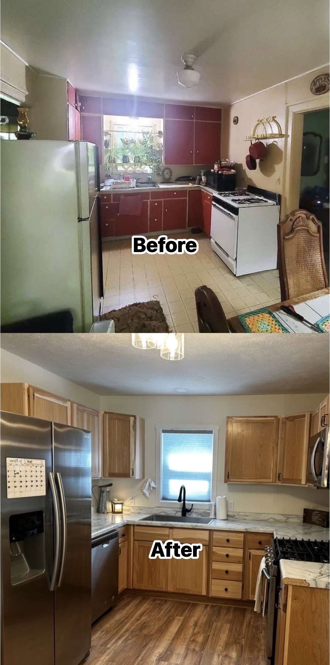 Before-and-after kitchen remodel showing a dated kitchen replaced with a bright, modern kitchen.