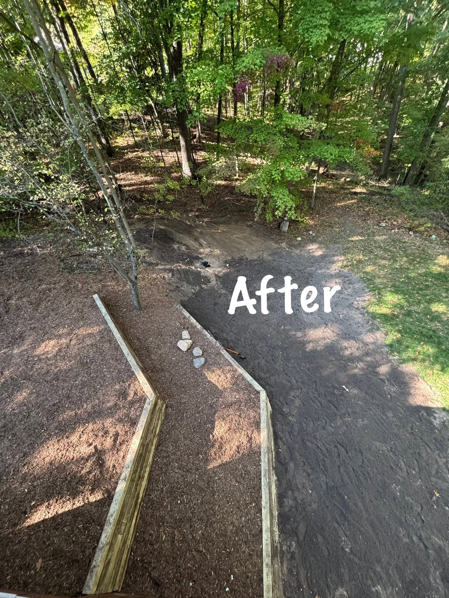 A wooded hillside with a stone retaining wall and path, labeled “After” in white text.