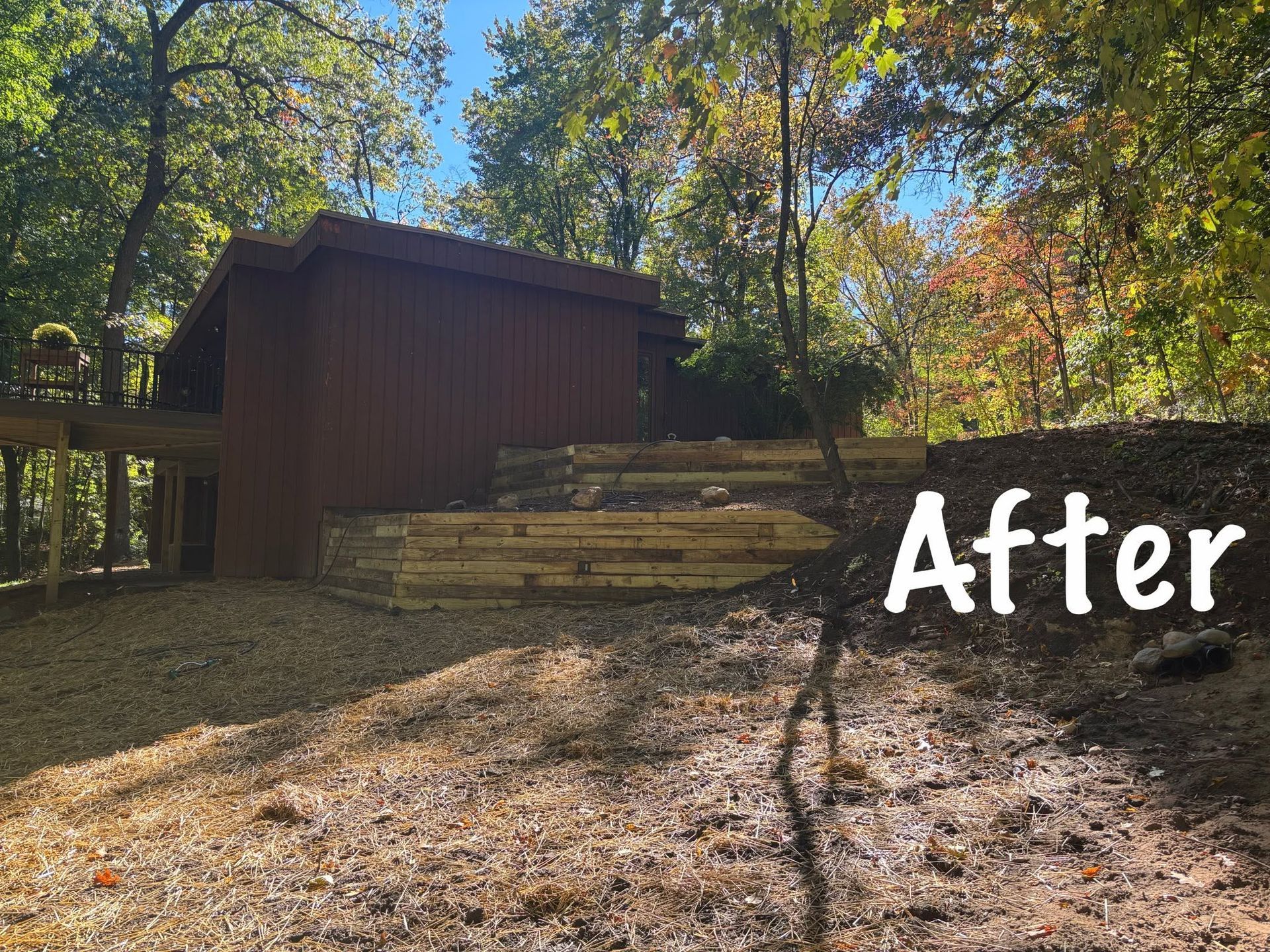 Backyard with red shed, terraced steps, and trees in sunlight; “After” text on the right