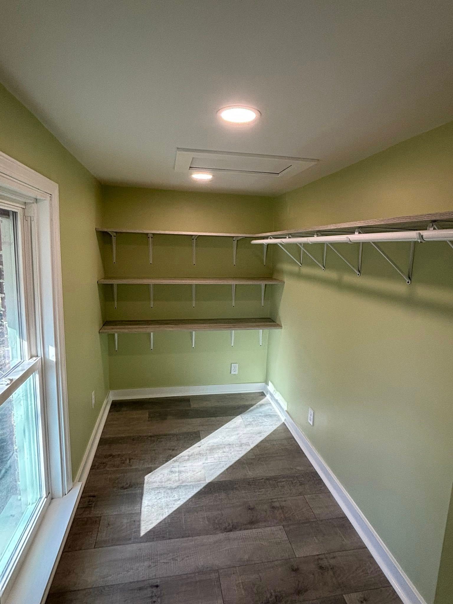 Empty walk-in closet with green walls, white shelves, and gray carpet, lit by ceiling lights.