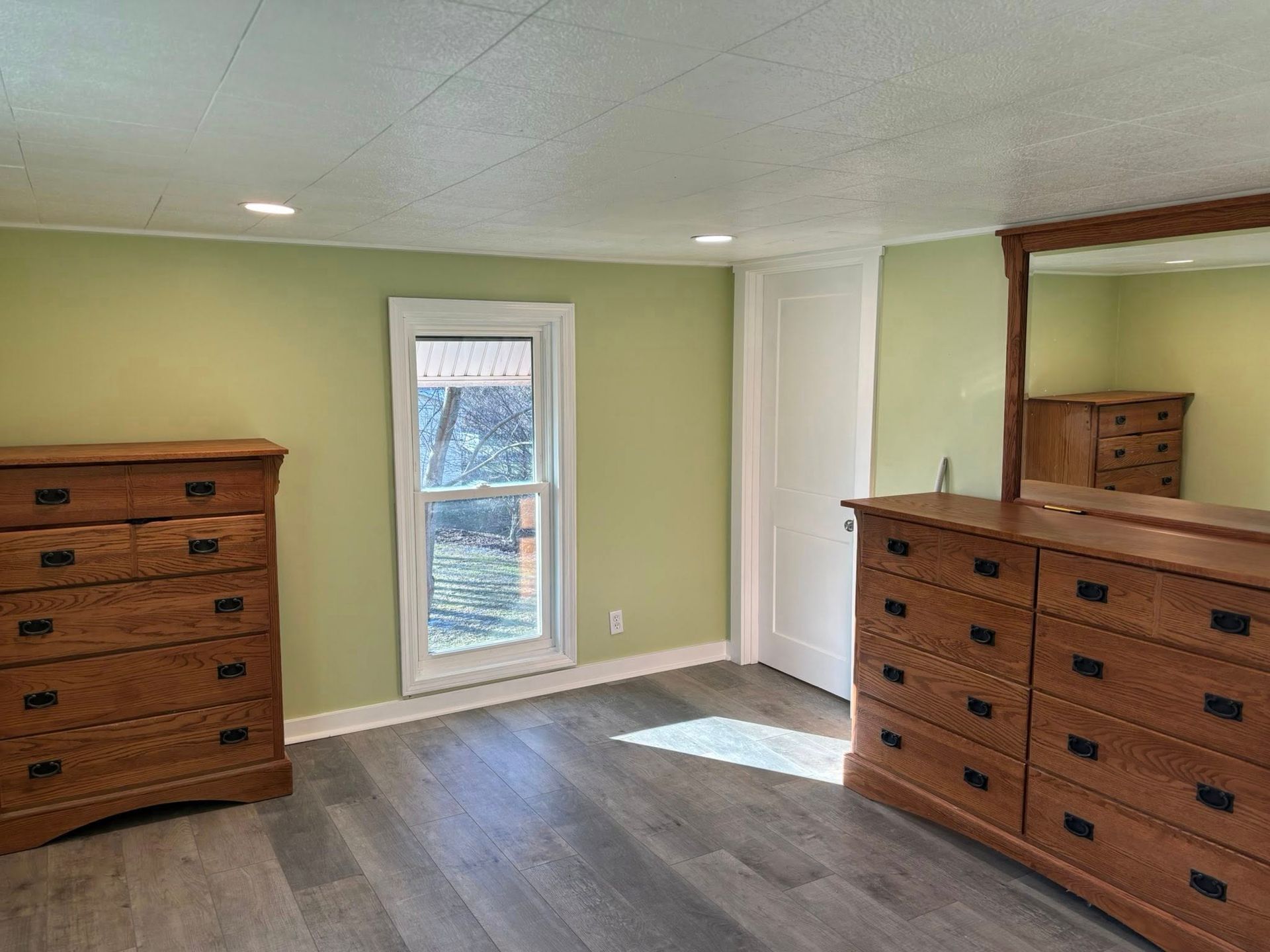 Empty bedroom with two wooden dressers, green walls, gray carpet, and a tall window letting in daylight