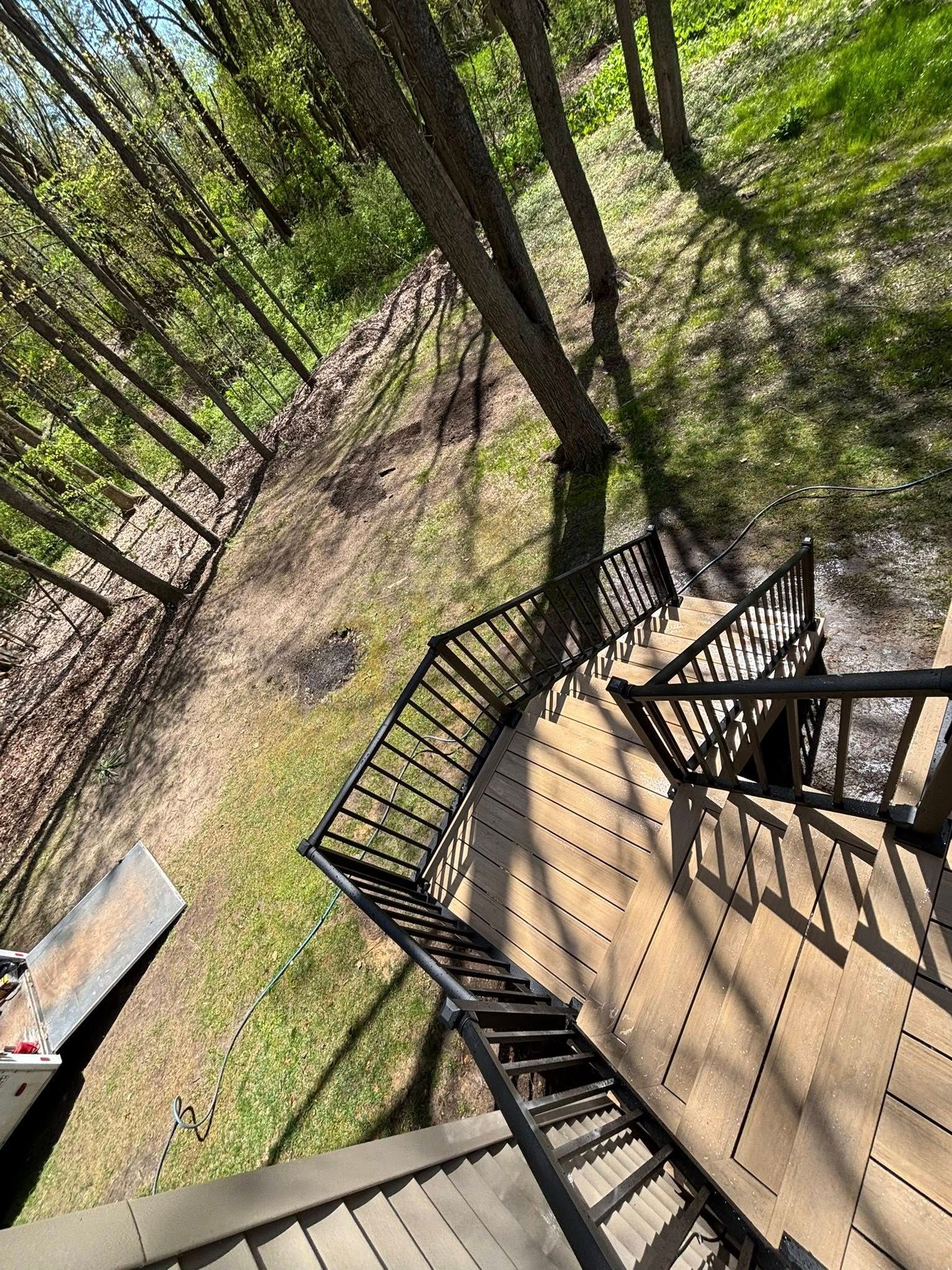 Curving wooden deck stairs descending into a wooded yard in bright sunlight