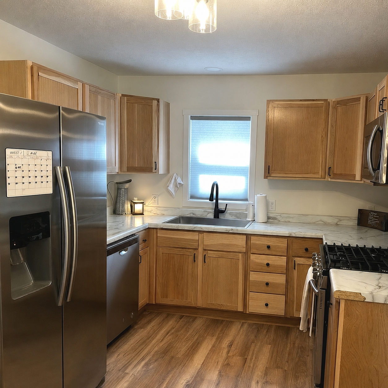 Bright kitchen with stainless steel fridge, wooden cabinets, white countertops, and a window above the sink.