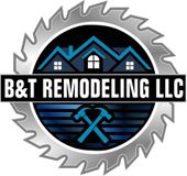 B&T Remodeling LLC logo with circular saw blade, blue house roof, and crossed tools.