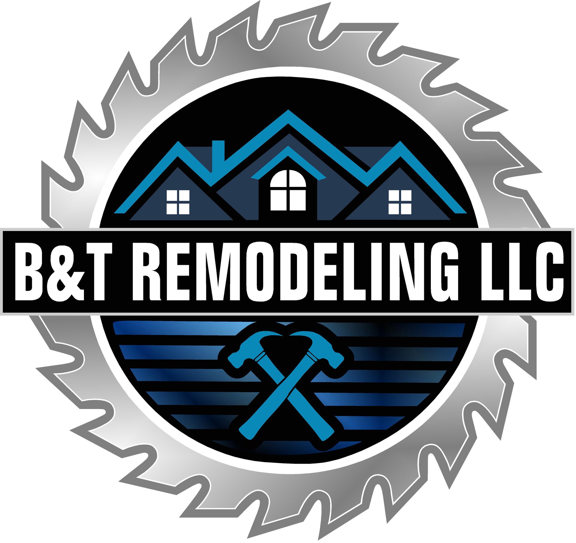 B&T Remodeling LLC logo with circular saw blade, blue house roof, and crossed tools.