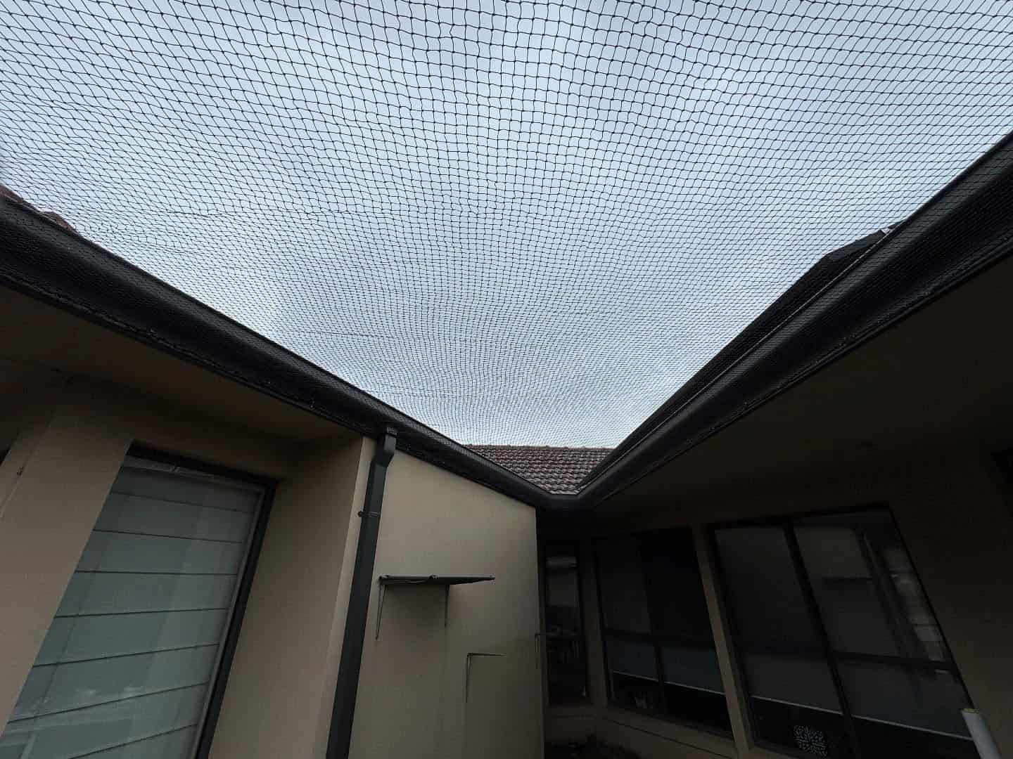 Courtyard View of Buildings With a Shaded Net Canopy Overhead and Windows Along the Walls — Catios By Paulie in Sydney, NSW