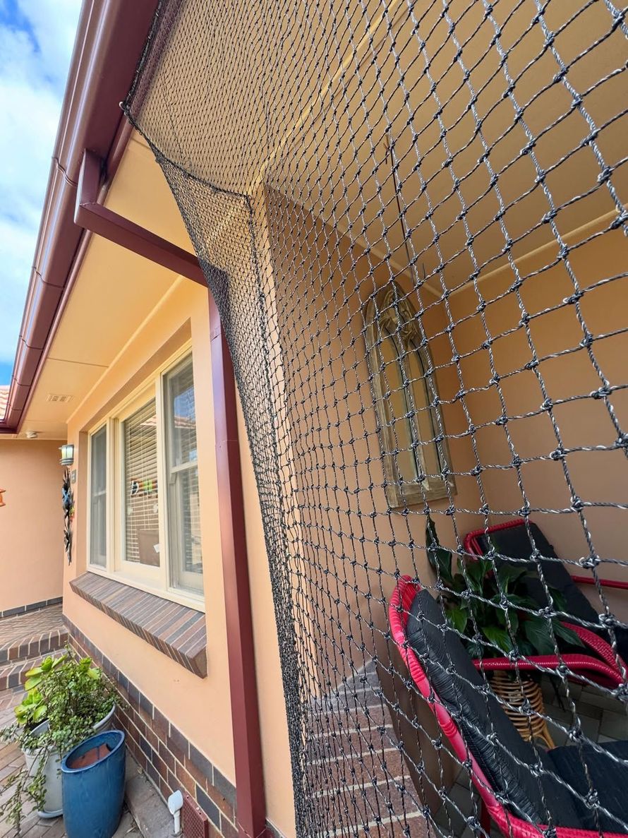 Exterior Patio With Beige House Wall, Chain-link Netting, Windows, and a Red-trimmed Stroller or Chair — Catios By Paulie in Blackbutt, NSW