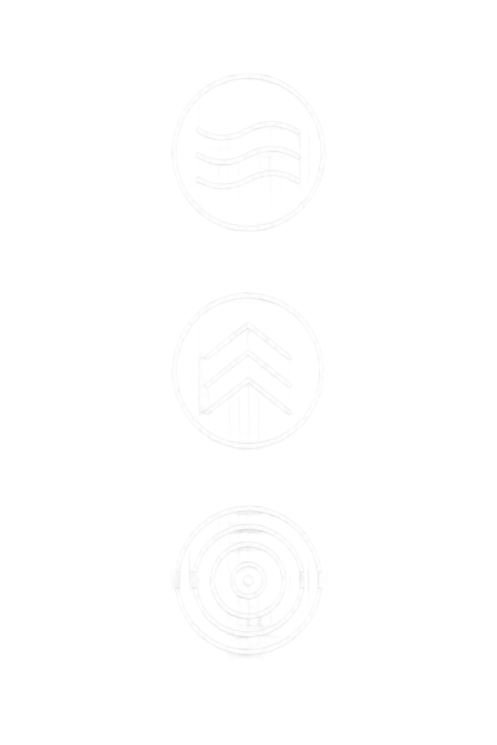 Drie vage, cirkelvormige iconen verticaal boven elkaar op een witte achtergrond: golven, chevrons en concentrische ringen.